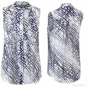 CAbi Womens Top Shirt Venture Blouse #5531 White blue Sleeveless Size Medium